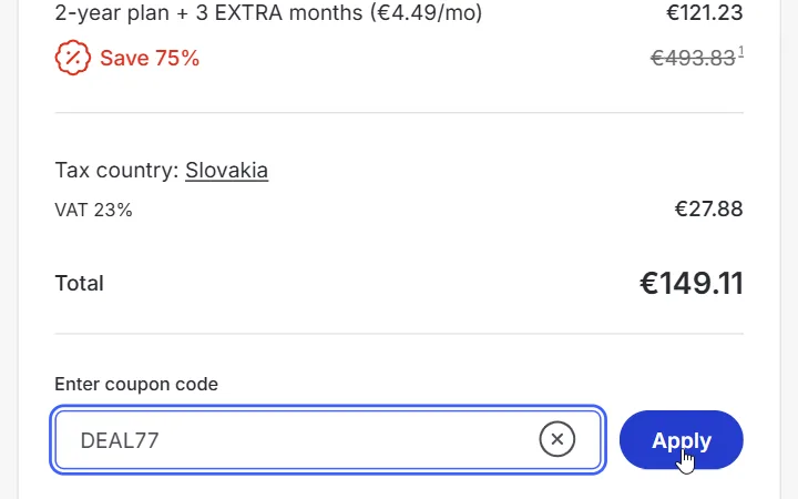 Pole Enter coupon code s vloženým kódom a tlačidlo Apply v pokladni NordVPN