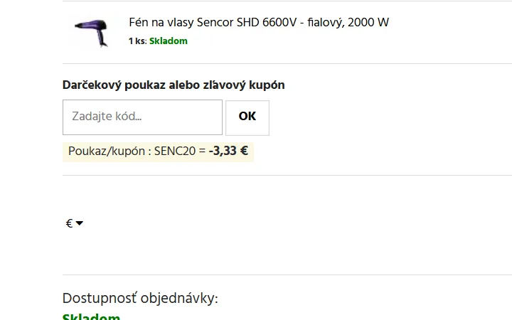 Riadok Poukaz/kupón s odpočítanou sumou v košíku Sveta kaderníctva