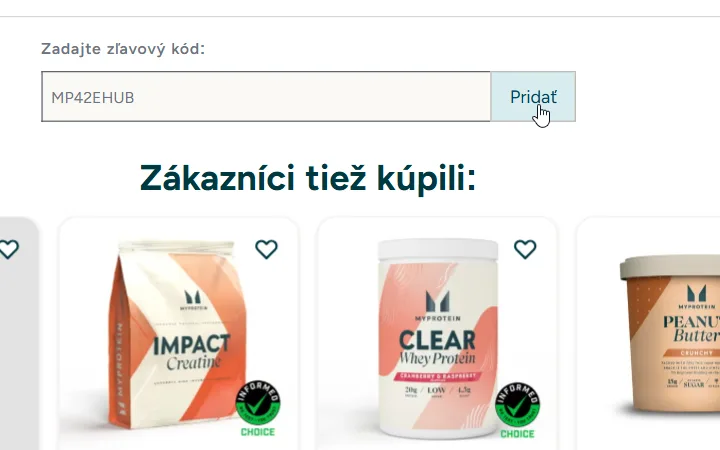 Pole Zadajte zľavový kód s vloženým kódom a tlačidlom Pridať v košíku Myprotein