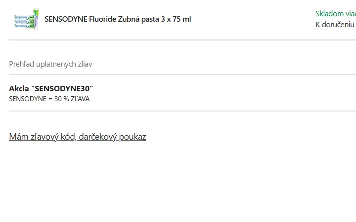 Prehľad uplatnených zliav s akciou SENSODYNE v košíku MojaLekáreň.sk