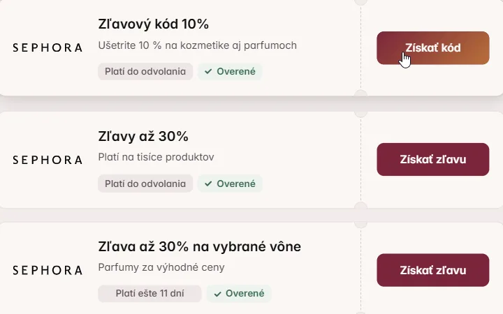 Kupóny Sephory v našom prehľade s kurzorom na tlačidle Získať kód