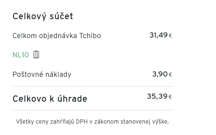 Zelený názov kódu s ikonou koša v súhrne Celkový súčet na tchibo.sk