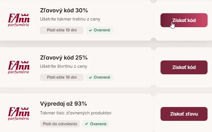 Karta Zľavový kód 30% s kurzorom na Získať kód, nižšie kód 25% a výpredaj až 93%