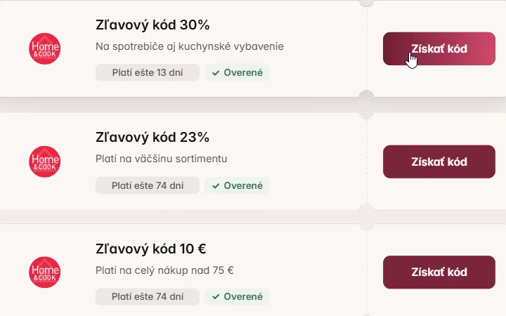 Kurzor na Získať kód pri karte Home & Cook s 30 % na spotrebiče aj kuchynské vybavenie, pod ňou kódy 23 % a 10 €