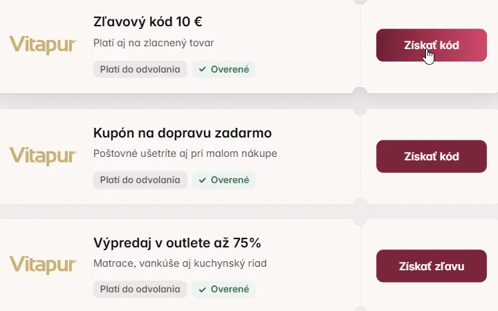 Kurzor na tlačidle Získať kód pri zľavovom kóde Vitapur v zozname kupónov