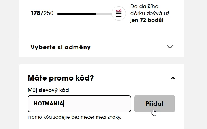 Časť Máte promo kód s vpísaným kódom a tlačidlom Přidat v košíku Sephory