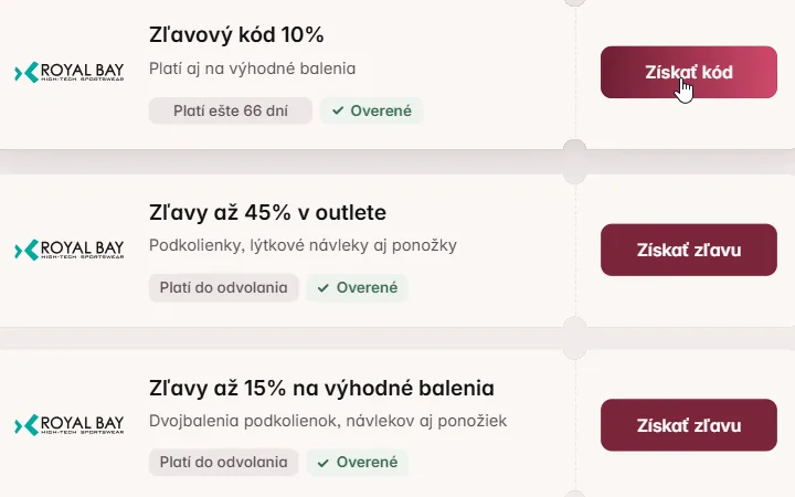 Kupón Royal Bay v zozname zliav a kurzor nad tlačidlom Získať kód