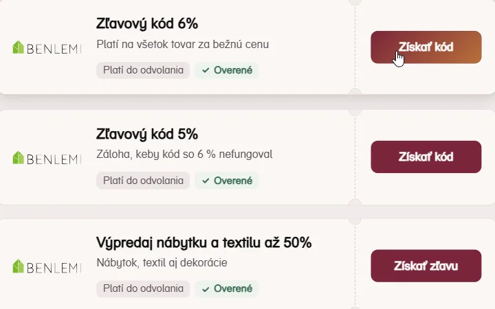 Tlačidlo Získať kód na karte Benlemi so zľavou 6 %