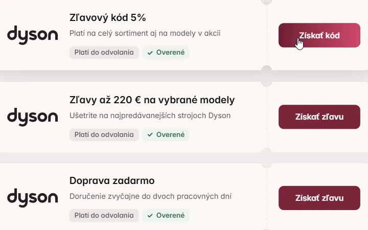 Päťpercentný kód Dysonu nad kartami so zľavami a dopravou, myš mieri na Získať kód