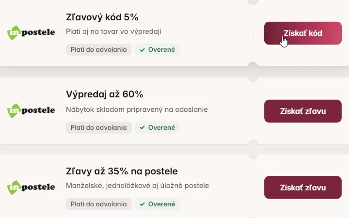 Kupón s kódom na 5 % pre Inpostele, myš mieri na Získať kód