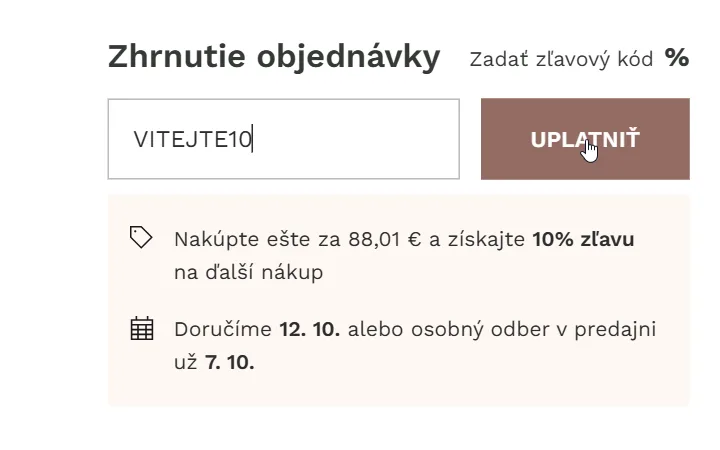 Pole na kód a tlačidlo Uplatniť v súhrne objednávky na triola.sk