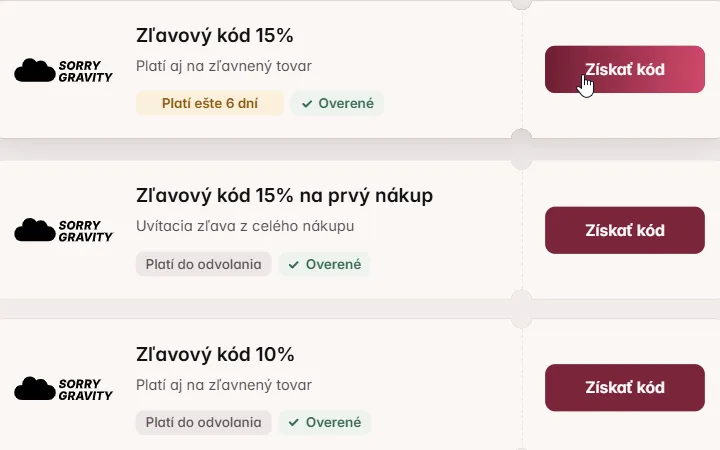 Karta s pätnásťpercentným kódom pre SorryGravity a kurzor na tlačidle Získať kód