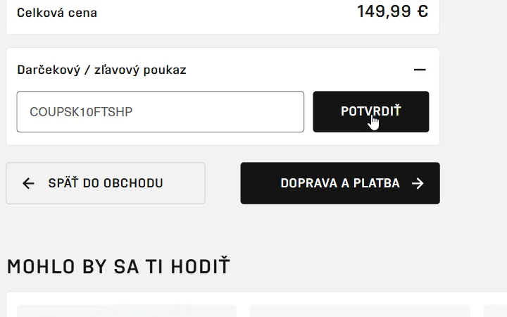Kód vpísaný do poľa Darčekový / zľavový poukaz vedľa tlačidla Potvrdiť v košíku Footshopu