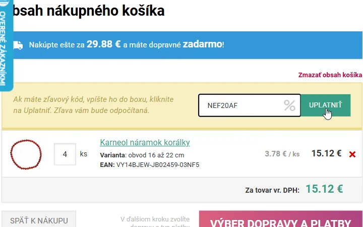 Pole so znakom percenta a tlačidlo Uplatniť v košíku nefertitis.sk