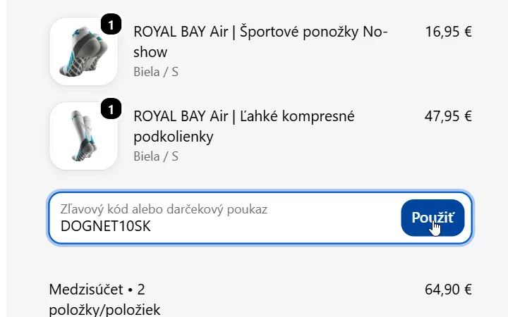 Pokladňa Royal Bay s vpísaným kódom v poli pod produktmi a kurzorom na Použiť
