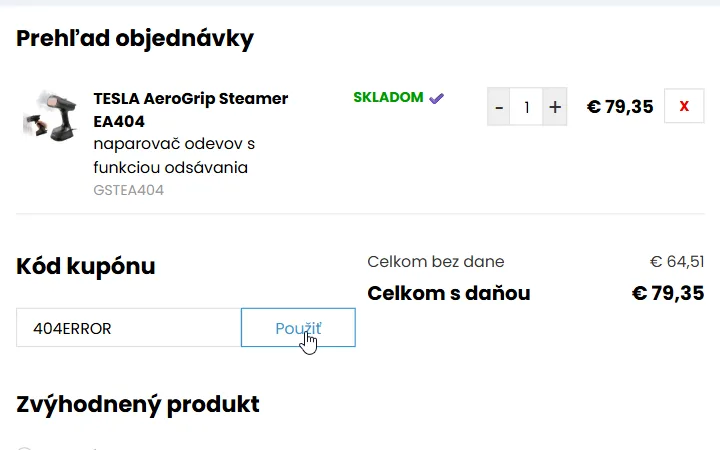 Vpísaný kód v poli pod nadpisom Kód kupónu a kurzor na tlačidle Použiť v košíku TESLA Electronics