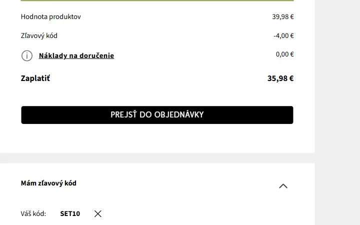 Súhrn košíka bonprix.sk s riadkom Zľavový kód a aktivovaným kódom pod ním