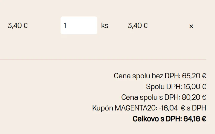 Riadok Kupón so zľavou 16,04 € a nižšia suma Celkovo s DPH v košíku Japitexu