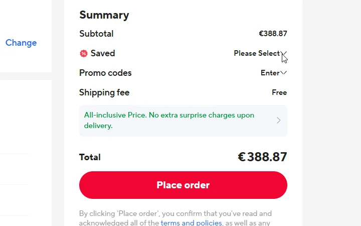 Súhrn objednávky AliExpress v eurách s riadkami Saved a Promo codes