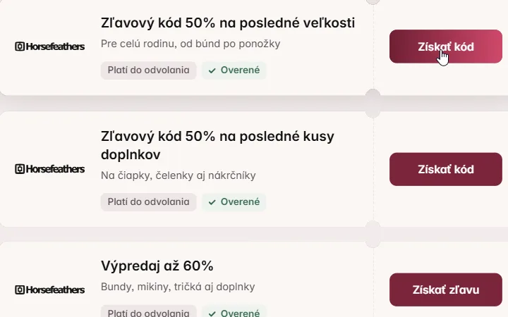 Kurzor na tlačidle Získať kód pri polovičnej zľave na posledné veľkosti Horsefeathers