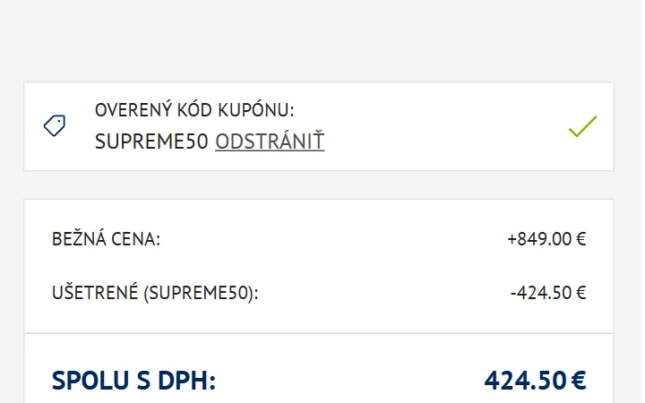 Overený kód kupónu so zelenou fajkou a riadok Ušetrené v košíku Dormeo