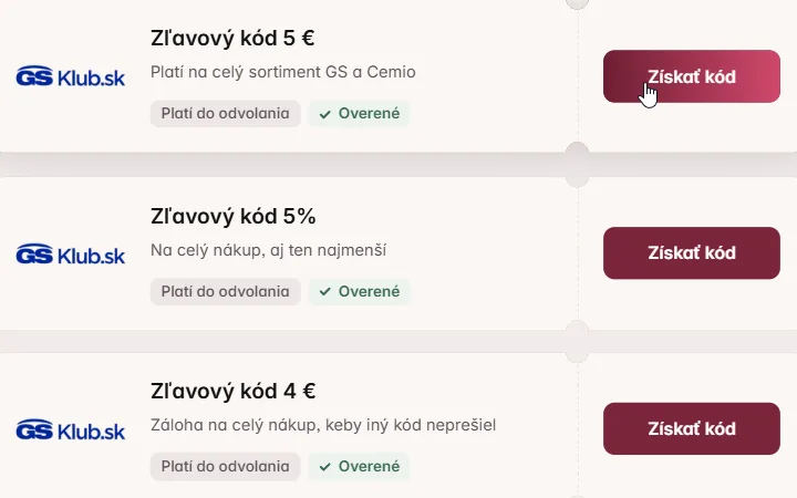 Karta GSKlub so zľavou 5 € a kurzorom na tlačidle Získať kód