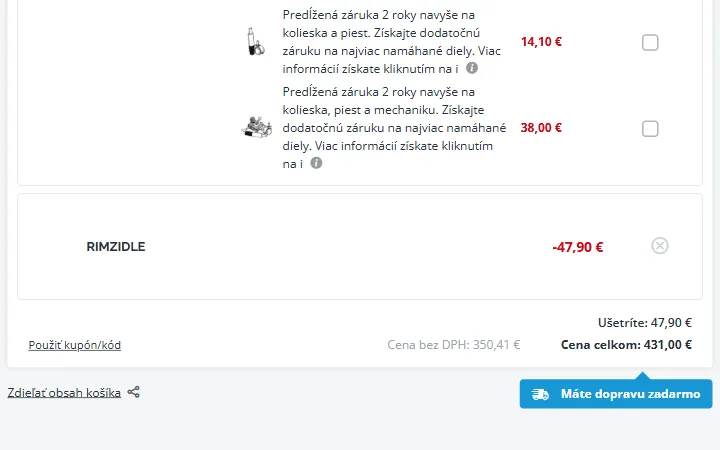 Riadok kódu so zľavou 47,90 € a Cena celkom 431,00 € v košíku Kancelarskestolicky.com