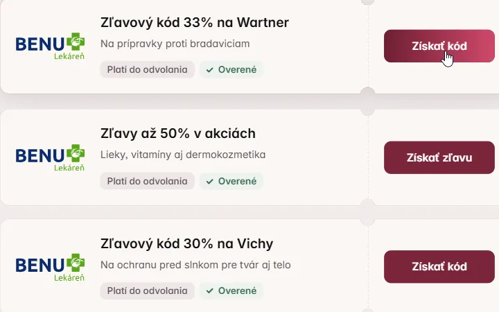 Karty so zľavovými kódmi do BENU Lekárne na Wartner a Vichy