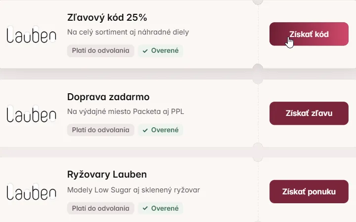 Lauben: horná karta s kódom na 25 % a kurzor nad tlačidlom