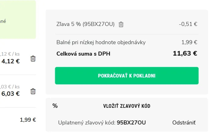Riadok Zľava 5 % a nižšia celková suma v súhrne objednávky Svět plodů
