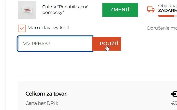 Zaškrtnuté Mám zľavový kód a pole s tlačidlom Použiť v košíku rehabilitacnepomocky.sk