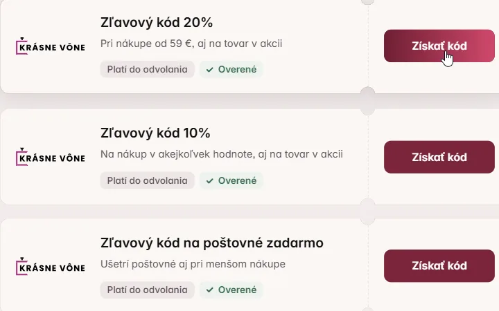 Karty so zľavovými kódmi 20 % a 10 % do e-shopu Krásne vône