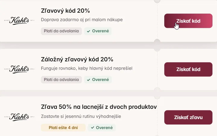 Karta dvadsaťpercentného kódu na Kiehl's s kurzorom nad tlačidlom Získať kód