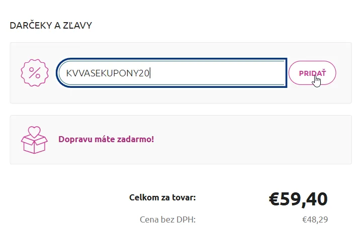 Pole Vložiť kód v časti Darčeky a zľavy s tlačidlom Pridať