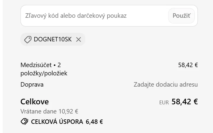 Štítok uplatneného kódu a riadok Celková úspora v súhrne objednávky Royal Bay