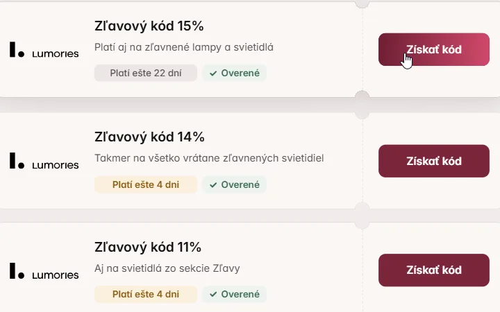 Ponuka kódov na Lumories, kurzor mieri na Získať kód pri prvej karte