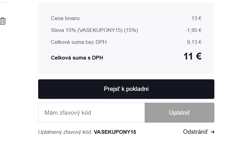 Súhrn košíka SorryGravity.sk s odpočítanou zľavou a uplatneným kódom