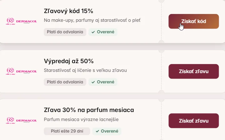 Kurzor nad tlačidlom Získať kód na karte Dermacol s 15 % zľavou