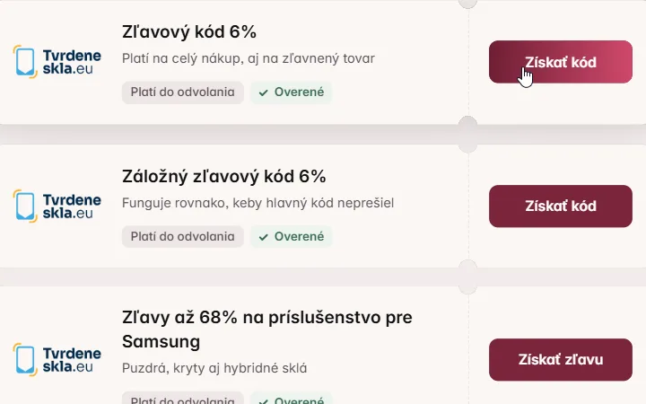 Karta so zľavou 6 % pre Tvrdeneskla.eu a ukazovateľ myši na Získať kód