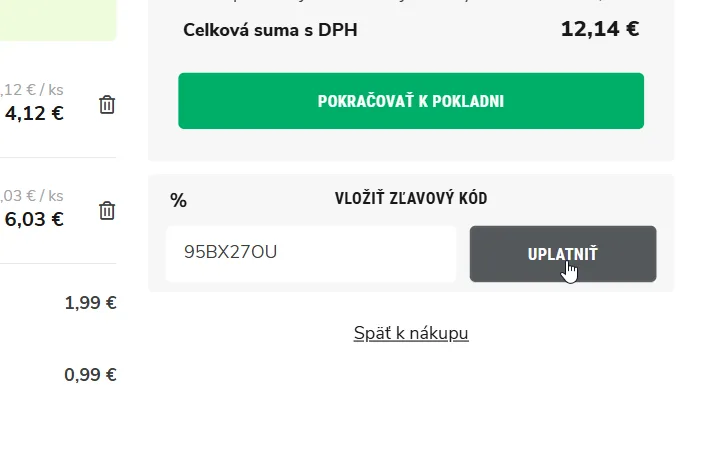 Pole Vložiť zľavový kód s kódom a tlačidlom Uplatniť v košíku Svět plodů