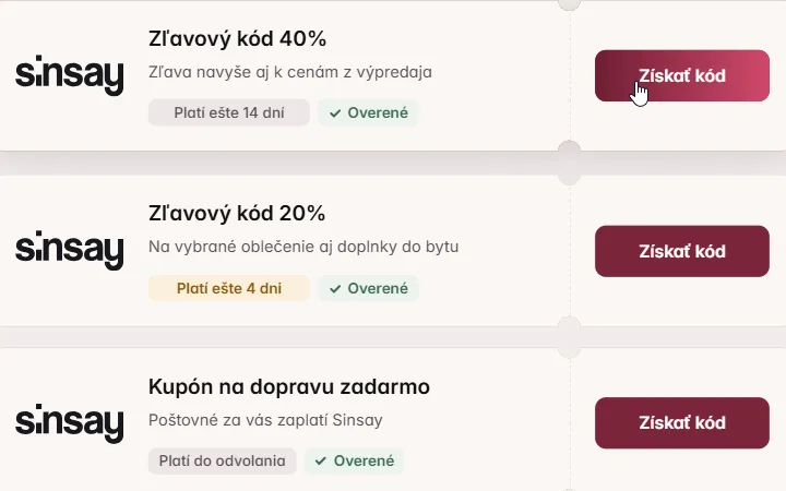 Karta 40% kódu Sinsay s kurzorom na Získať kód, pod ňou 20% kód a kupón na dopravu zadarmo