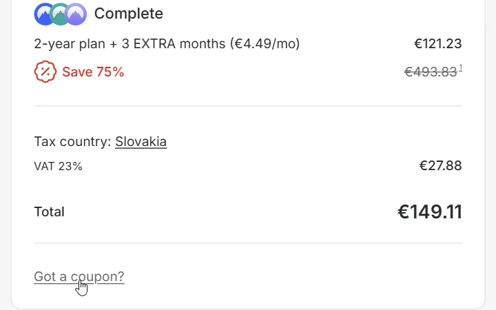Súhrn objednávky NordVPN so slovenskou DPH 23 % a odkazom Got a coupon