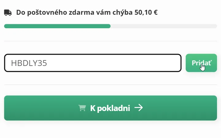 Vpísaný kód a kurzor na zelenom tlačidle Pridať nad tlačidlom K pokladni v košíku Golden Tree