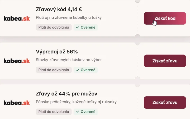 Karta zľavového kódu a ponuka výpredaja Kabea s kurzorom na Získať kód