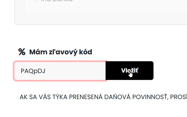 Zafido košík: pole pod nadpisom Mám zľavový kód a čierne tlačidlo Vložiť