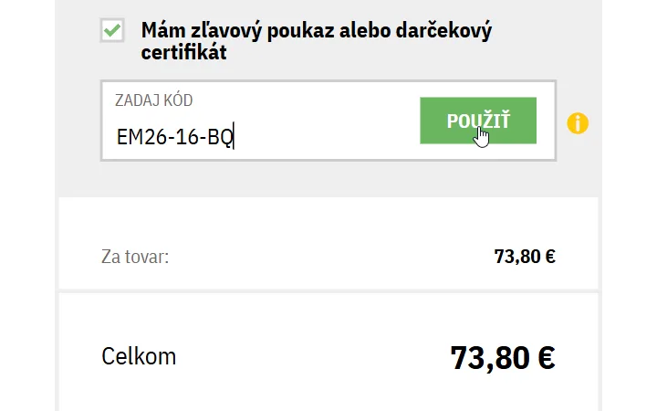 Pole Zadaj kód s tlačidlom Použiť v súhrne objednávky na bushman.sk