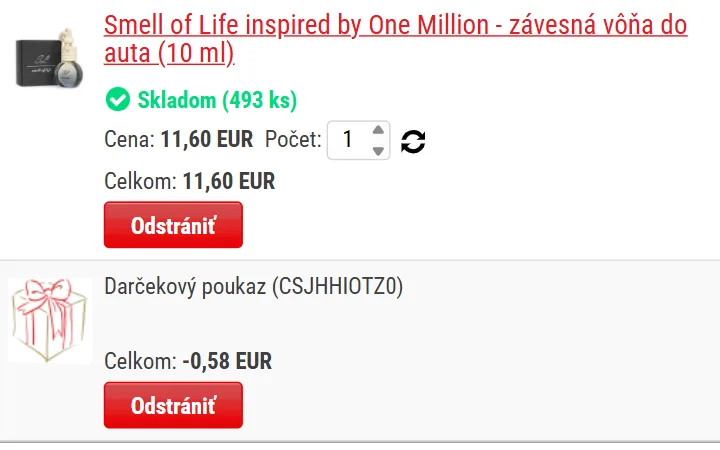 Položka Darčekový poukaz s kódom v zátvorke a mínus 0,58 EUR pod závesnou vôňou do auta v košíku Ahifi