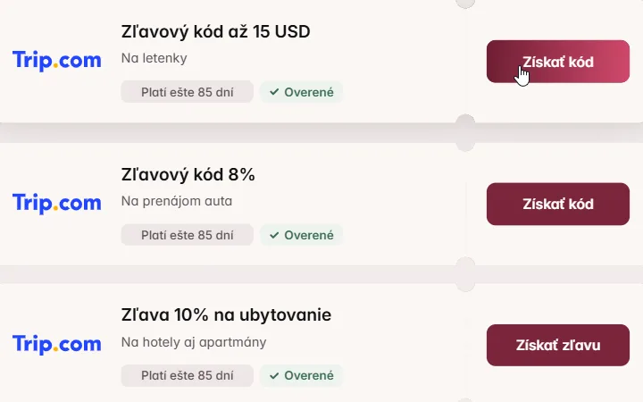 Kódy na letenky a prenájom auta od Trip.com s kurzorom na prvom tlačidle