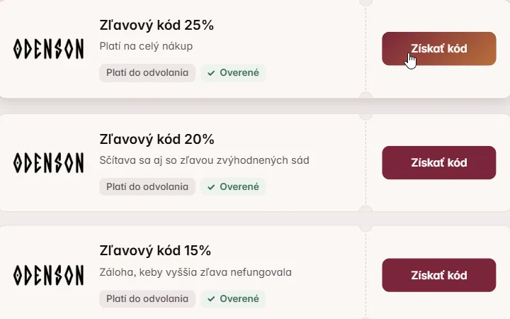 Kurzor na tlačidle Získať kód pri zľavovom kóde 25 % na Odenson