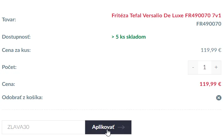 Vpísaný kód v políčku pod fritézou Tefal Versalio v košíku Home & Cook a kurzor na tlačidle Aplikovať